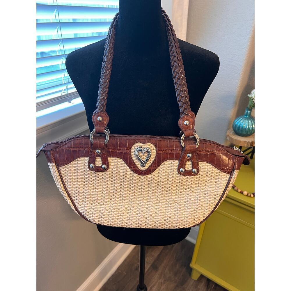 MC heart tan w/ brown embossed trim shoulder bag w/ zip closure silver‎ feet